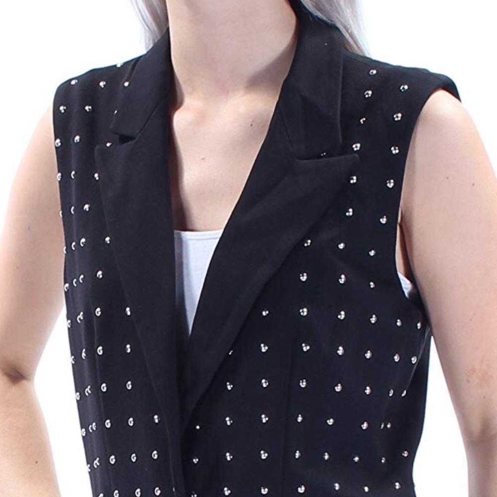 Black Silver Studded Front Tuxedo Blazer Vest - Picture 5 of 7
